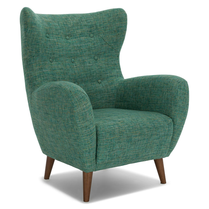 Marisola spearmint aqua lounge chair with walnut legs in mid-century living room