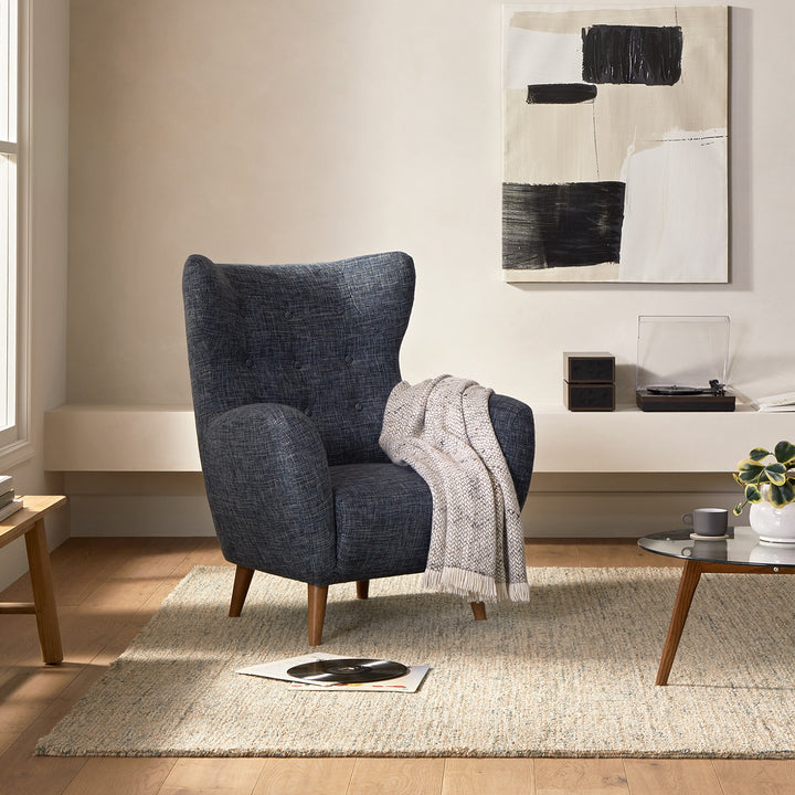 Marisola spearmint aqua lounge chair with walnut legs in mid-century living room