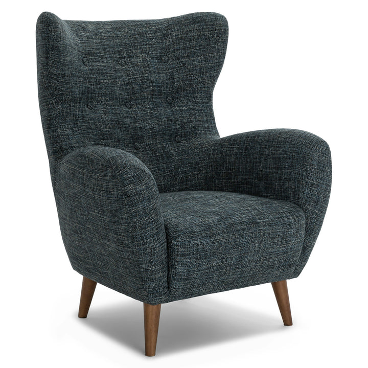 Marisola spearmint aqua lounge chair with walnut legs in mid-century living room