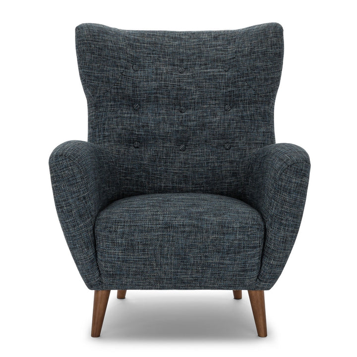 Marisola spearmint aqua lounge chair with walnut legs in mid-century living room