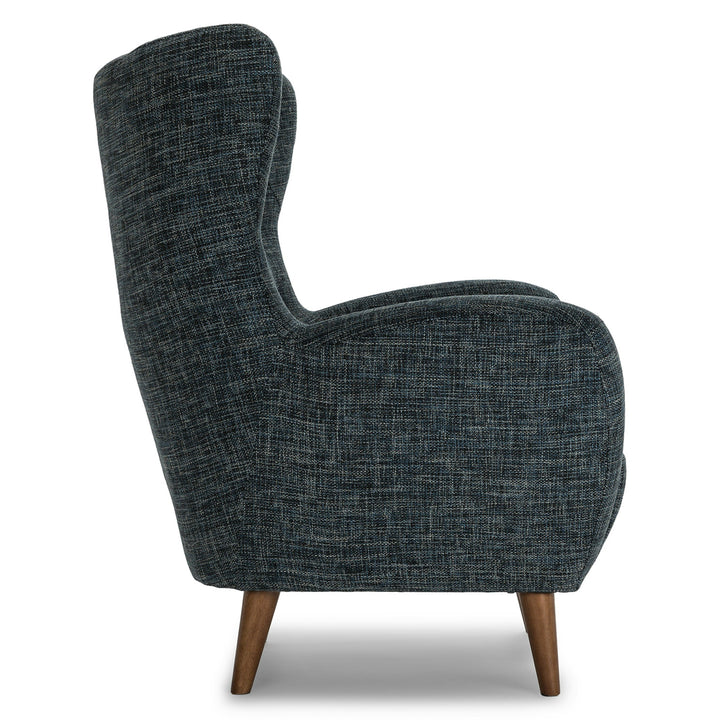 Marisola spearmint aqua lounge chair with walnut legs in mid-century living room