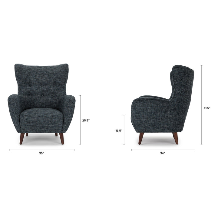 Marisola spearmint aqua lounge chair with walnut legs in mid-century living room