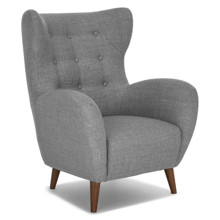 Marisola spearmint aqua lounge chair with walnut legs in mid-century living room