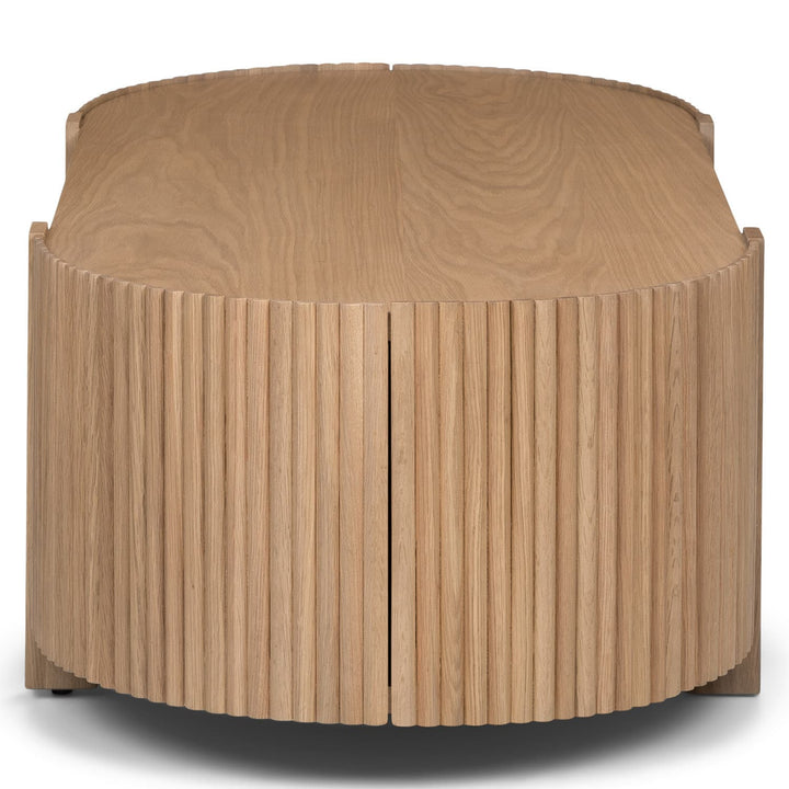 Nova Storage Coffee Table with open fluted doors revealing hidden compartments