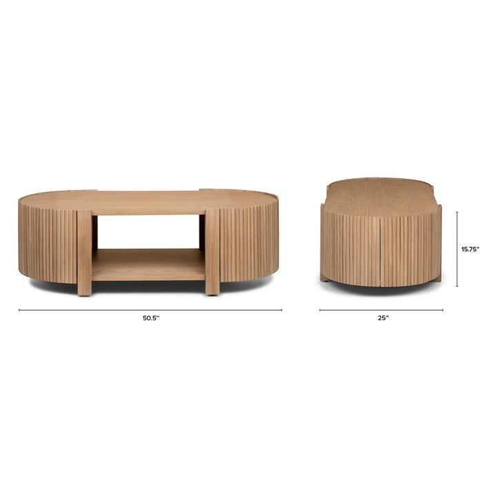 Nova Storage Coffee Table with open fluted doors revealing hidden compartments