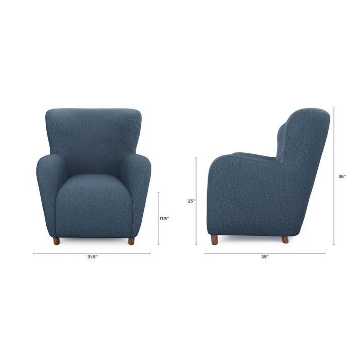 Nyx Lounge Chair in oatmeal bouclé with high backrest, two chairs facing a home theater screen