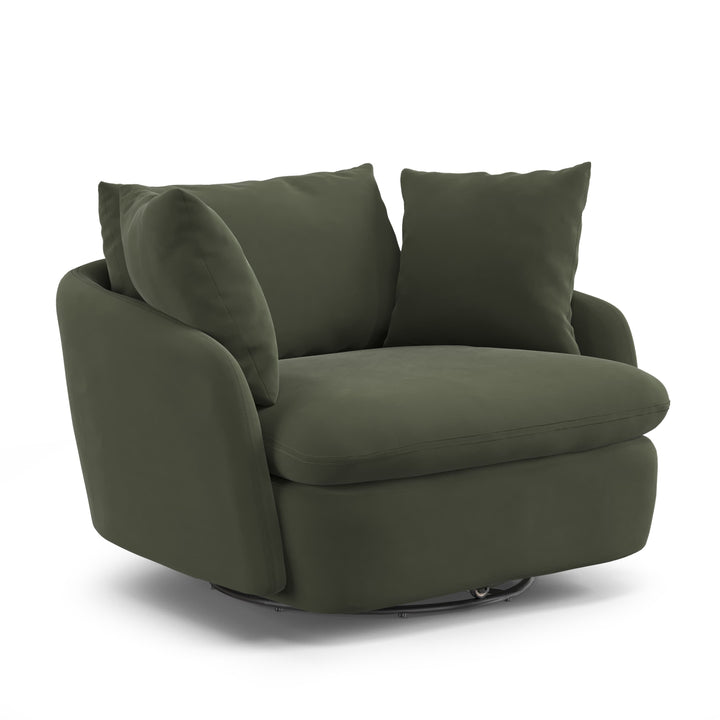 Orion Velvet Swivel Lounge Chair in deep green velvet rotating in modern living room
