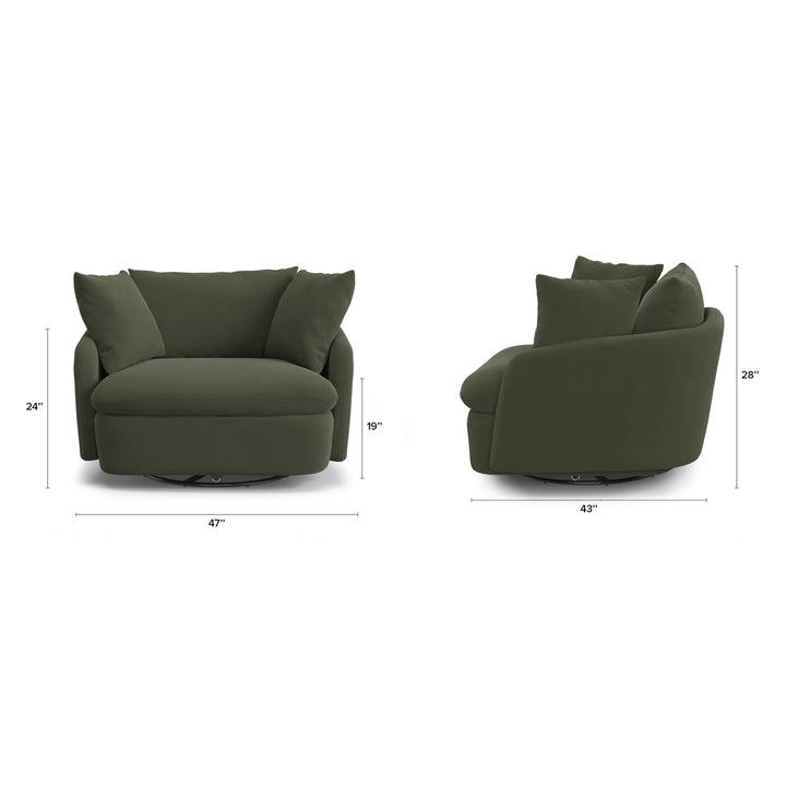 Orion Velvet Swivel Lounge Chair in deep green velvet rotating in modern living room