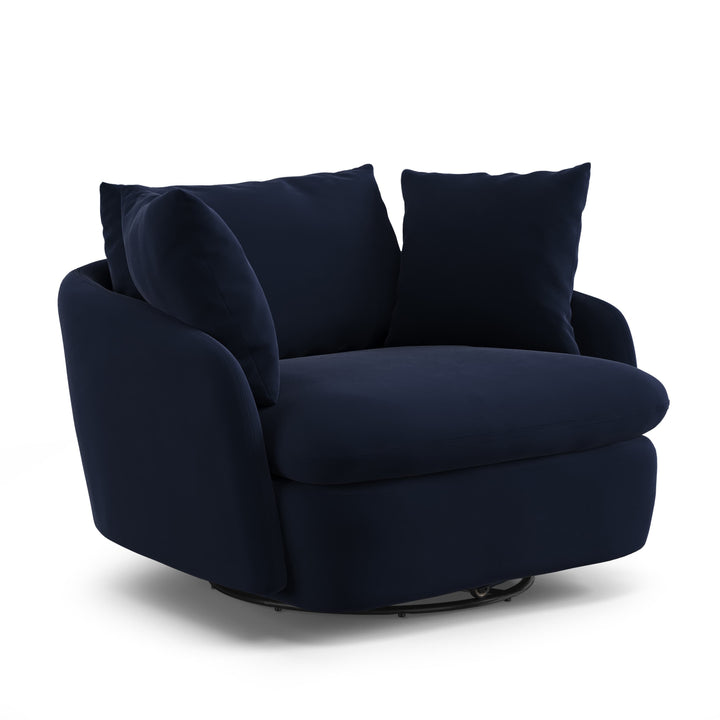 Orion Velvet Swivel Lounge Chair in deep blue velvet rotating in modern living room