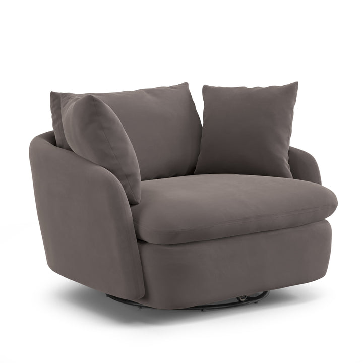 Orion Velvet Swivel Lounge Chair in deep grey velvet rotating in modern living room