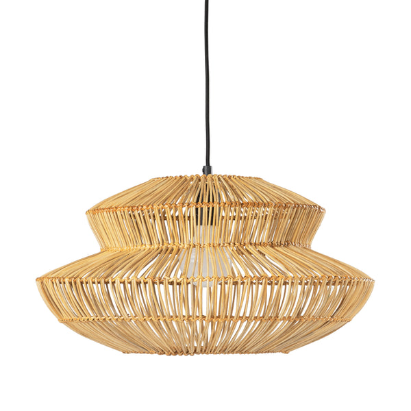 Pluma Pendant Lamp with natural wicker shade and black steel canopy in a coastal dining room