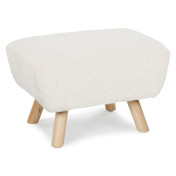 Polnatt Ottoman with bouclé upholstery and wood legs in a Scandinavian-style living room