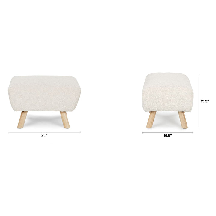 Polnatt Ottoman with bouclé upholstery and wood legs in a Scandinavian-style living room
