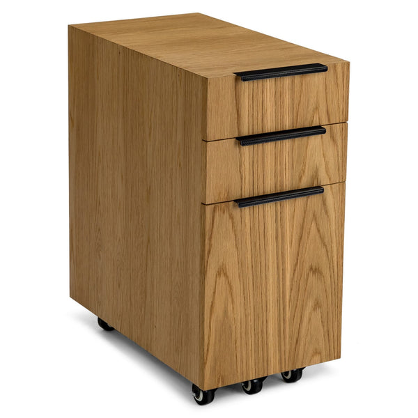 Robur File Cabinet in a modern office with wire-brushed oak finish and locking wheels