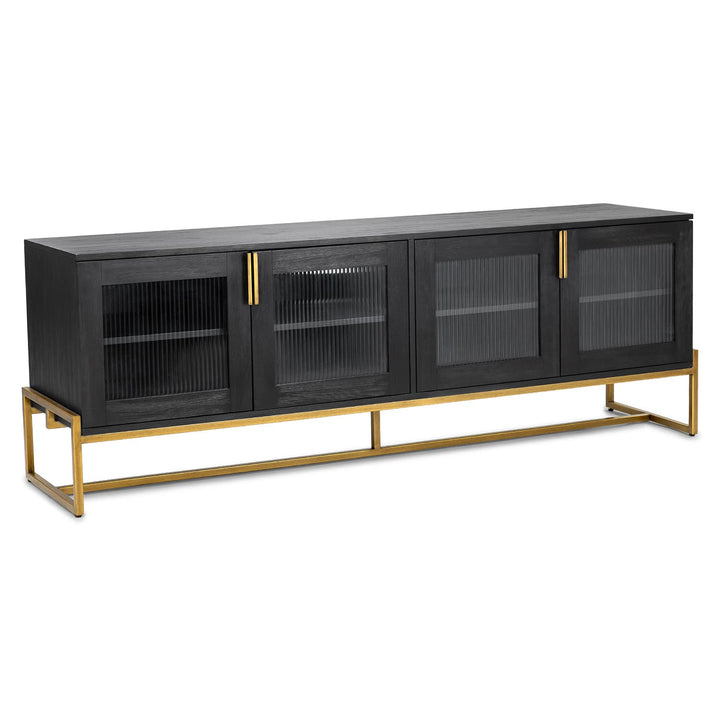 SOLSTUR Cabinet with fluted glass doors and bronze steel legs in a modern living room