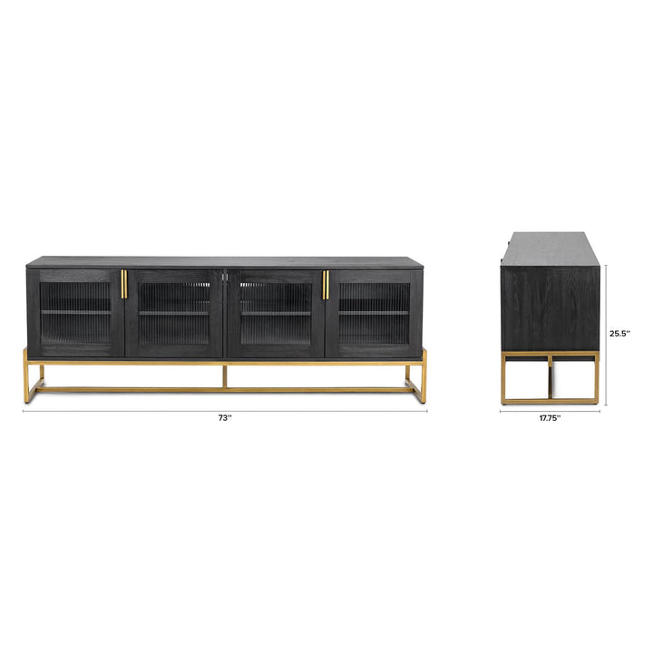 SOLSTUR Cabinet with fluted glass doors and bronze steel legs in a modern living room