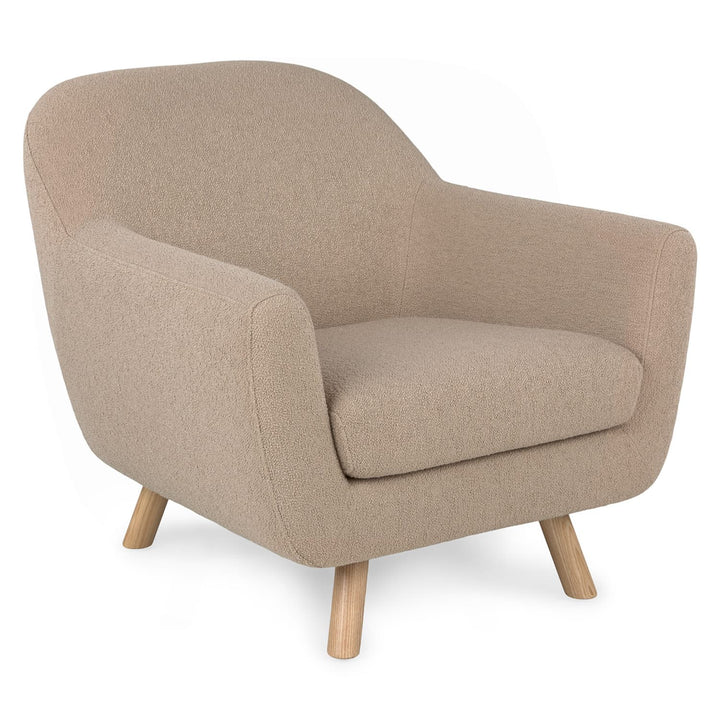 Santorini bouclé lounge chair in emerald green with curved wood frame in modern living room