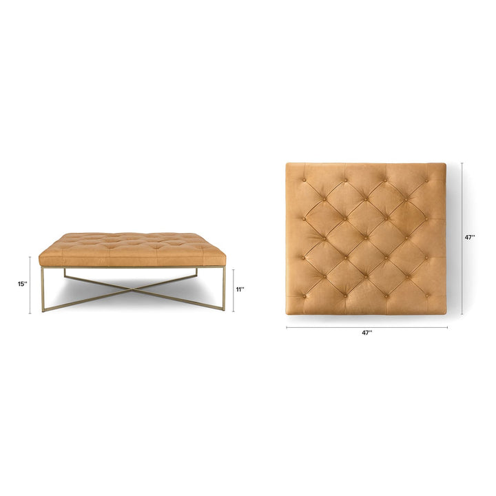 Sarek Leather Square Ottoman in an industrial-chic living room with brass legs and tufted leather