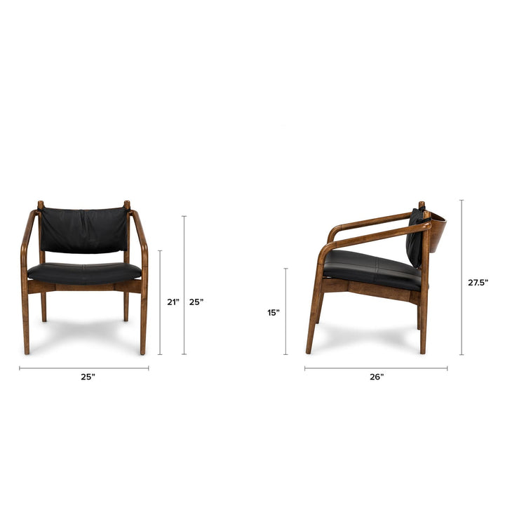 Solstice Leather Lounge Chair in tan patina leather with walnut legs in mid-century living room