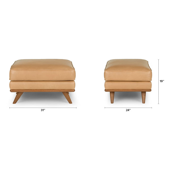 Svartur Leather Ottoman in a mid-century modern living room with aniline leather and wood legs