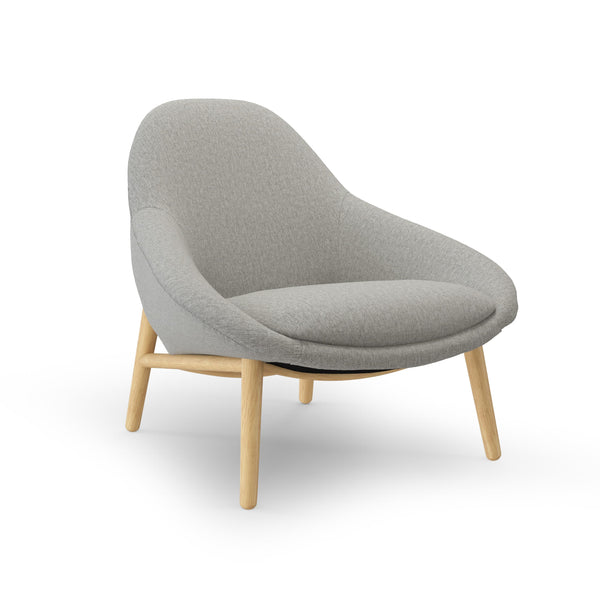 Thalassa Lounge Chair with solid oak dowels and yarn-dyed gray fabric in a minimalist living room setting