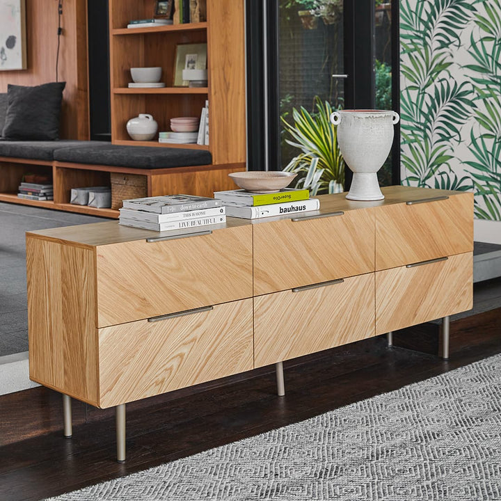 Thalia 6-Drawer Low Triple Dresser in a mid-century modern bedroom with soft-close drawers