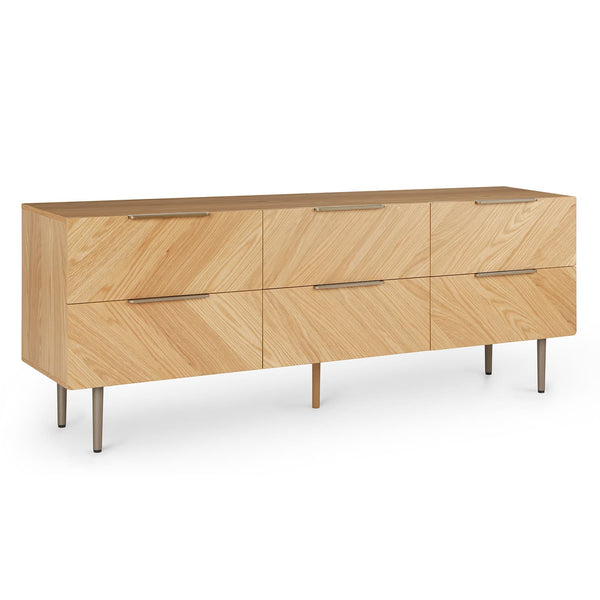 Thalia 6-Drawer Low Triple Dresser in a mid-century modern bedroom with soft-close drawers