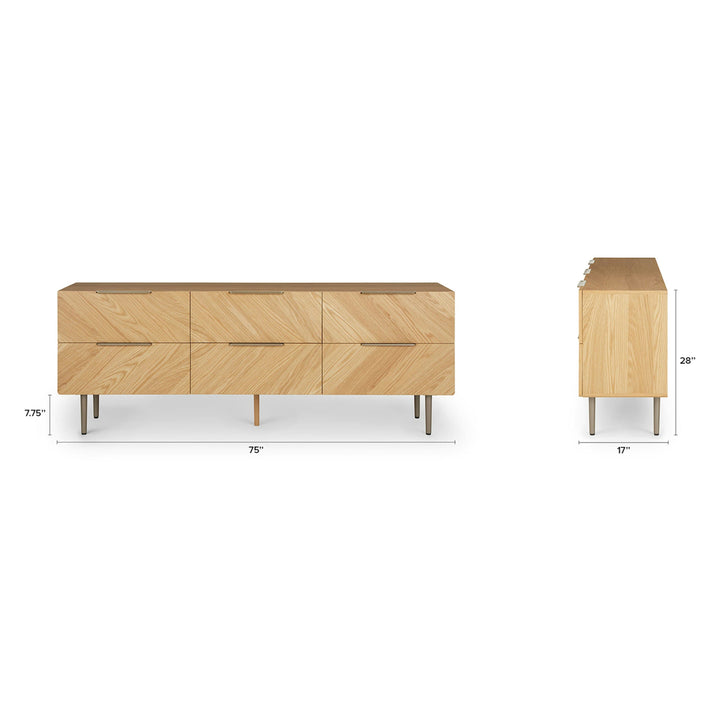 Thalia 6-Drawer Low Triple Dresser in a mid-century modern bedroom with soft-close drawers