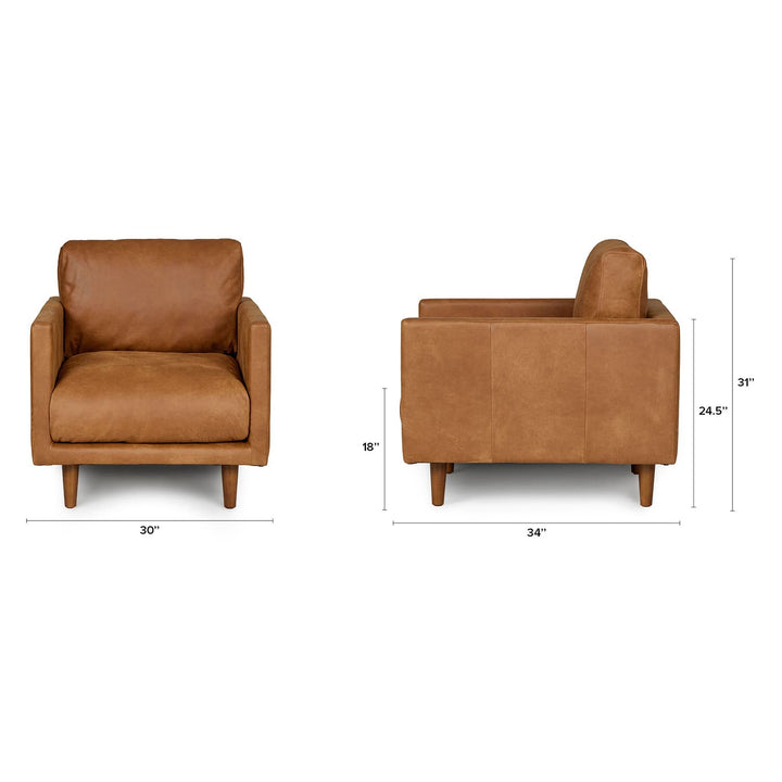 Titan Leather Lounge Chair in aged caramel leather with oak legs in industrial loft