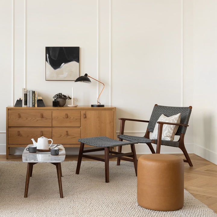 VARDO Marble Coffee Table in a modern living room setting, showcasing polished marble top and solid wood legs