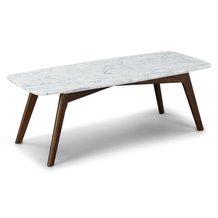 VARDO Marble Coffee Table in a modern living room setting, showcasing polished marble top and solid wood legs