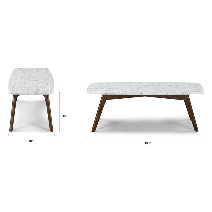 VARDO Marble Coffee Table in a modern living room setting, showcasing polished marble top and solid wood legs