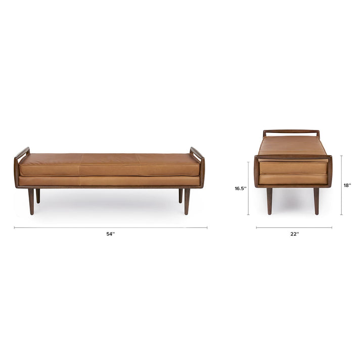 Vatn Leather Bench in a mid-century modern living room with walnut arms and tapered legs