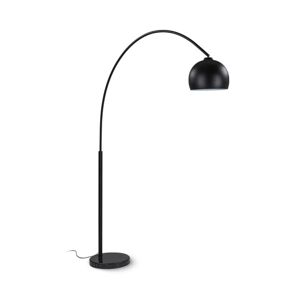 Vega Floor Lamp in a modern living room with crescent arc and marble base