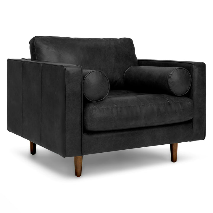 Vesper Black Leather Lounge Chair in aged oxford leather with mid-century modern decor