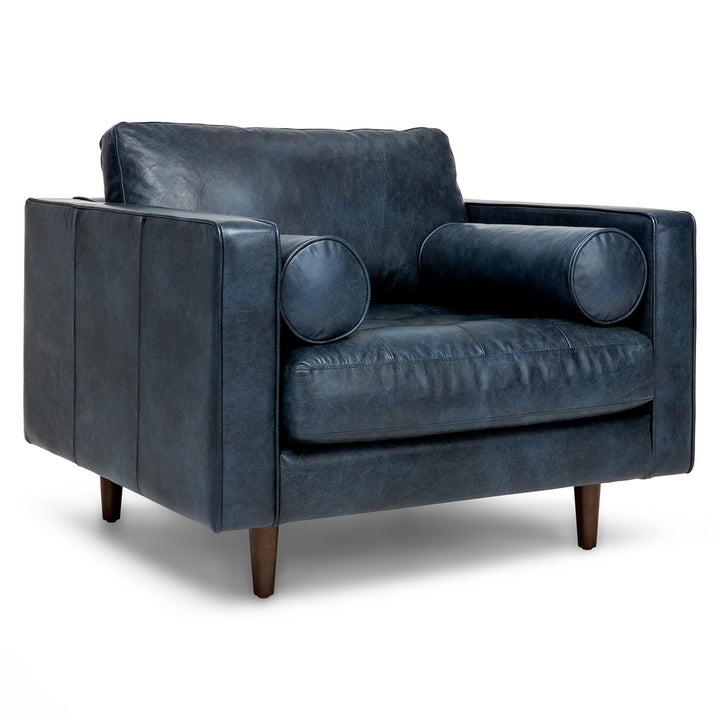 Vesper Blue Leather Lounge Chair in aged oxford leather with mid-century modern decor