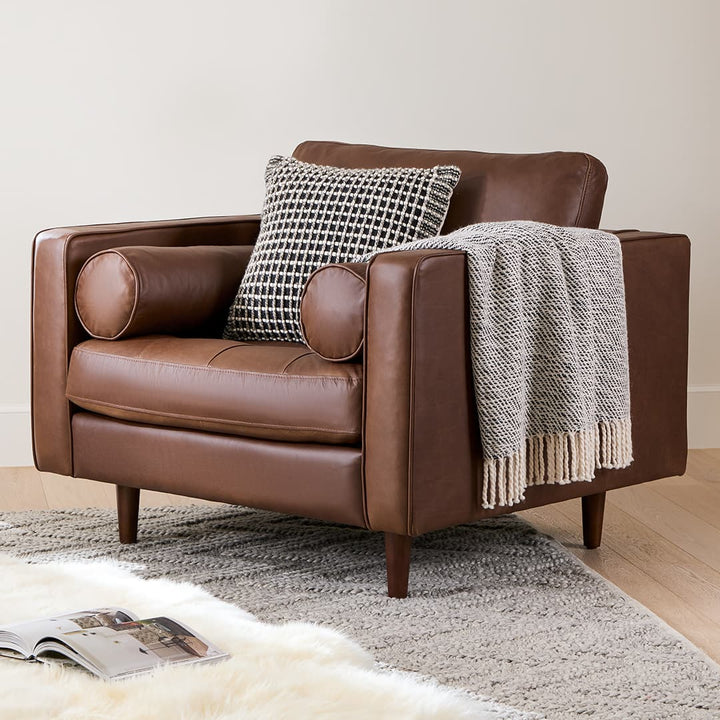 Vesper Chocolate Leather Lounge Chair in aged oxford leather with mid-century modern decor