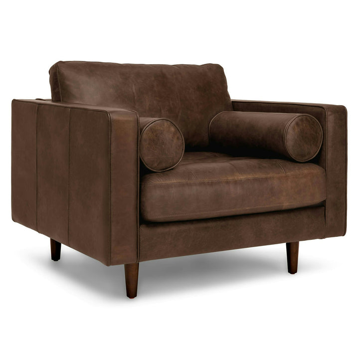 Vesper Chocolate Leather Lounge Chair in aged oxford leather with mid-century modern decor
