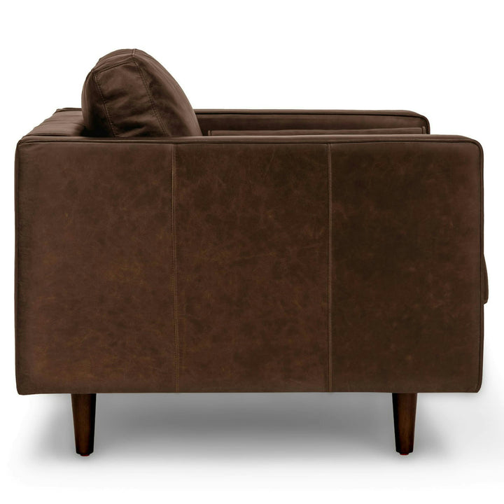 Vesper Chocolate Leather Lounge Chair in aged oxford leather with mid-century modern decor
