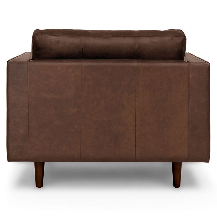 Vesper Chocolate Leather Lounge Chair in aged oxford leather with mid-century modern decor