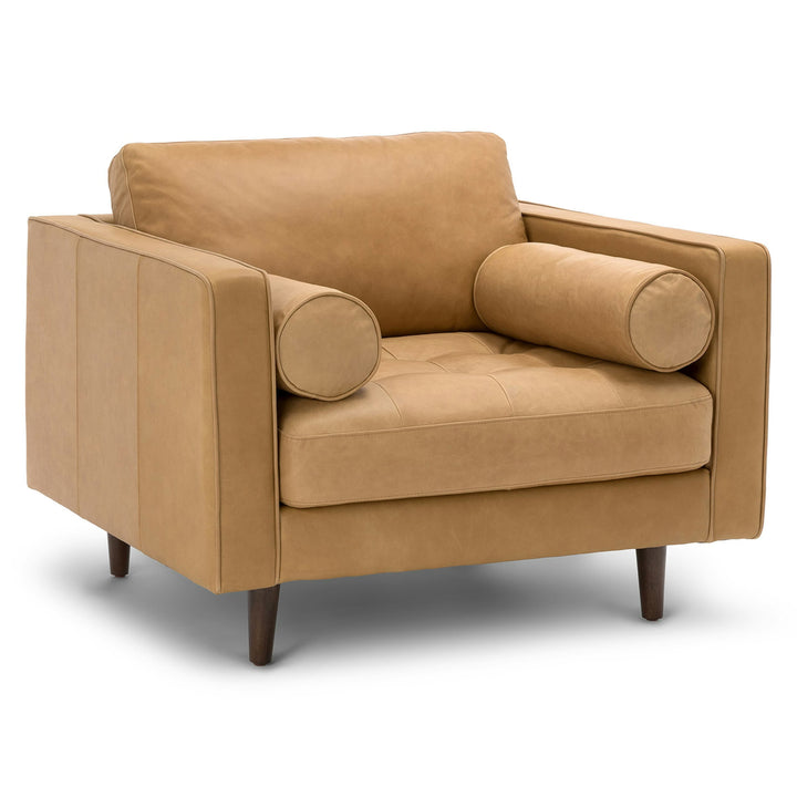 Vesper Tan Leather Lounge Chair in aged oxford leather with mid-century modern decor
