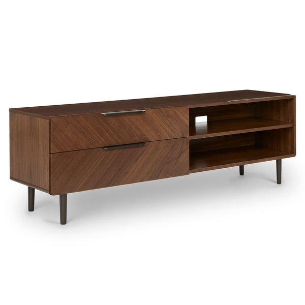 Vinterfall Low Media Unit with chevron oak veneer and metal legs in a modern living room