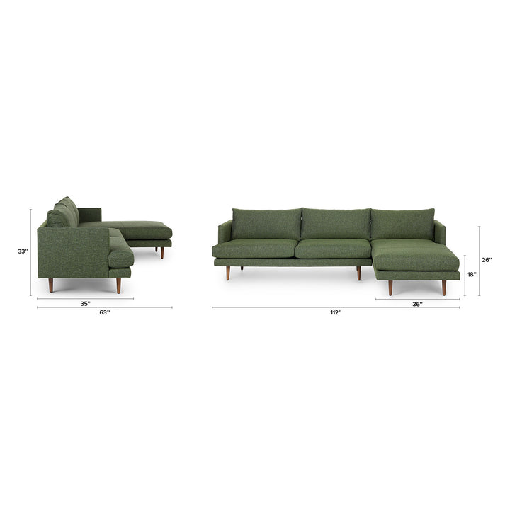 Winters Right green sectional with tapered legs in mid-century modern loft